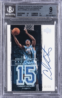 2003-04 UD "Exquisite Collection" Number Pieces Autographs #CA Carmelo Anthony Signed Game Used Patch Rookie Card (#15/15) – BGS MINT 9/BGS 10